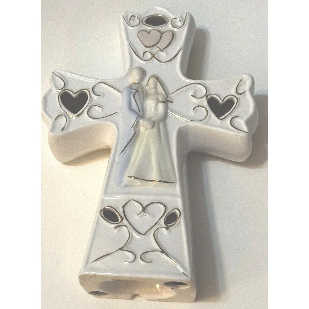 Wedding Cross with Bride and Groom surrounded with Gold Hearts made of Porcelain